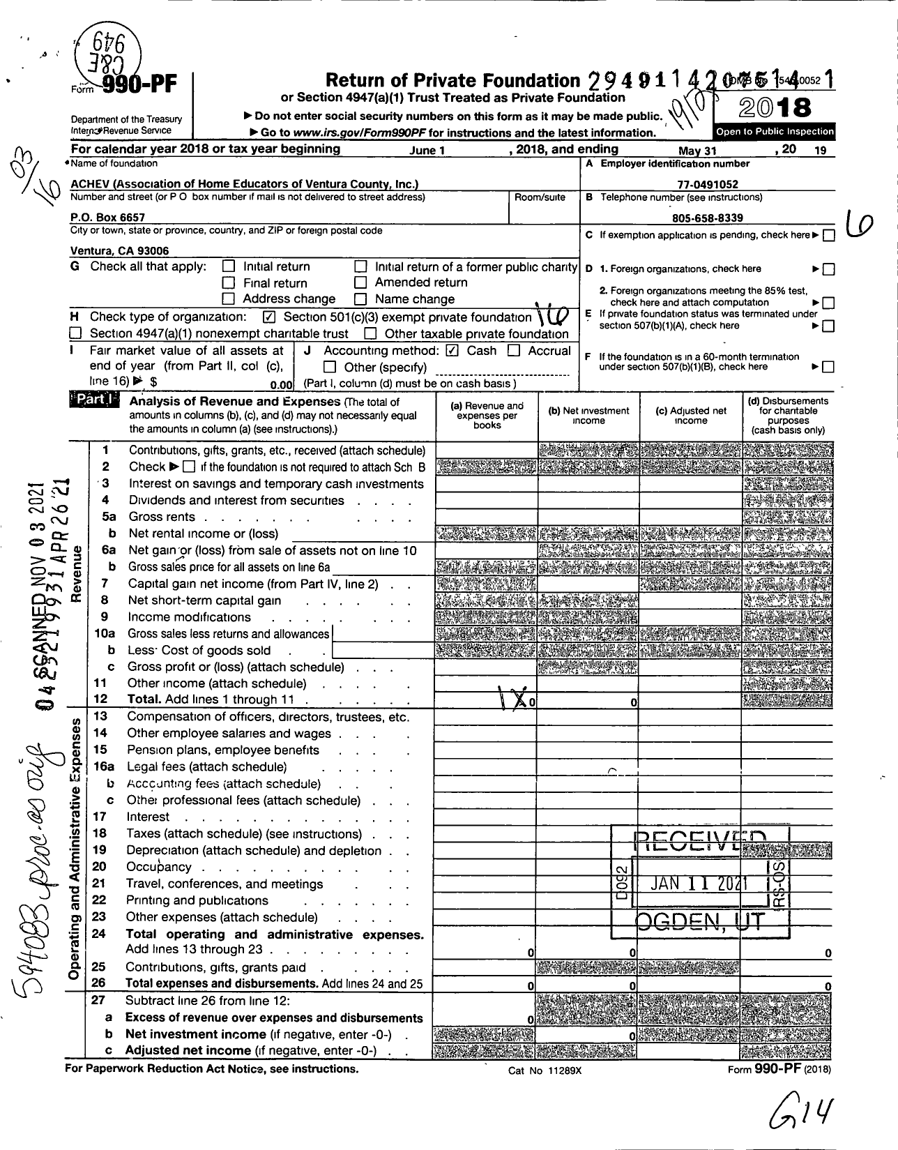 Image of first page of 2019 Form 990PF for Association of Christian Home Educators of Ventura County