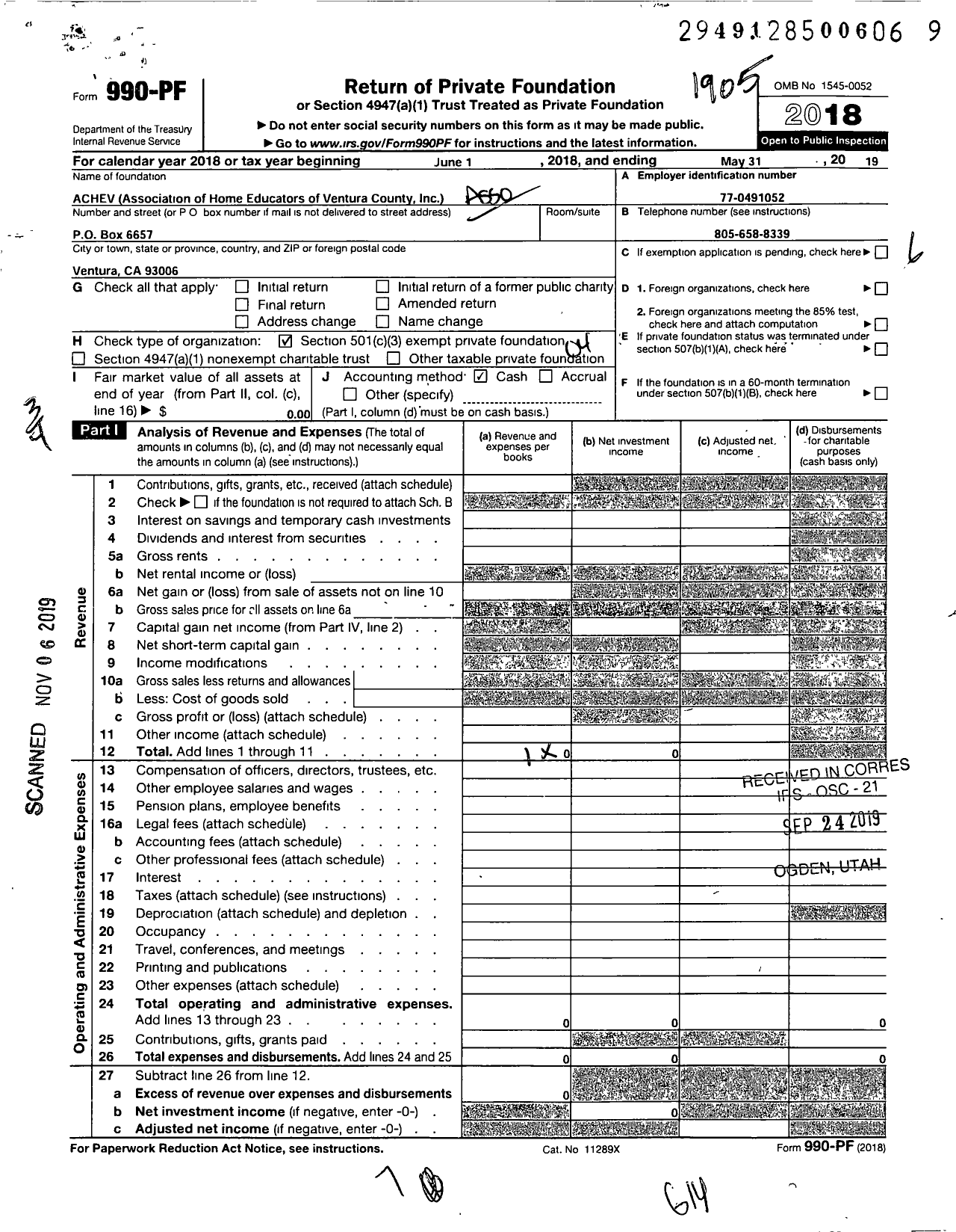 Image of first page of 2018 Form 990PF for Association of Christian Home Educators of Ventura County