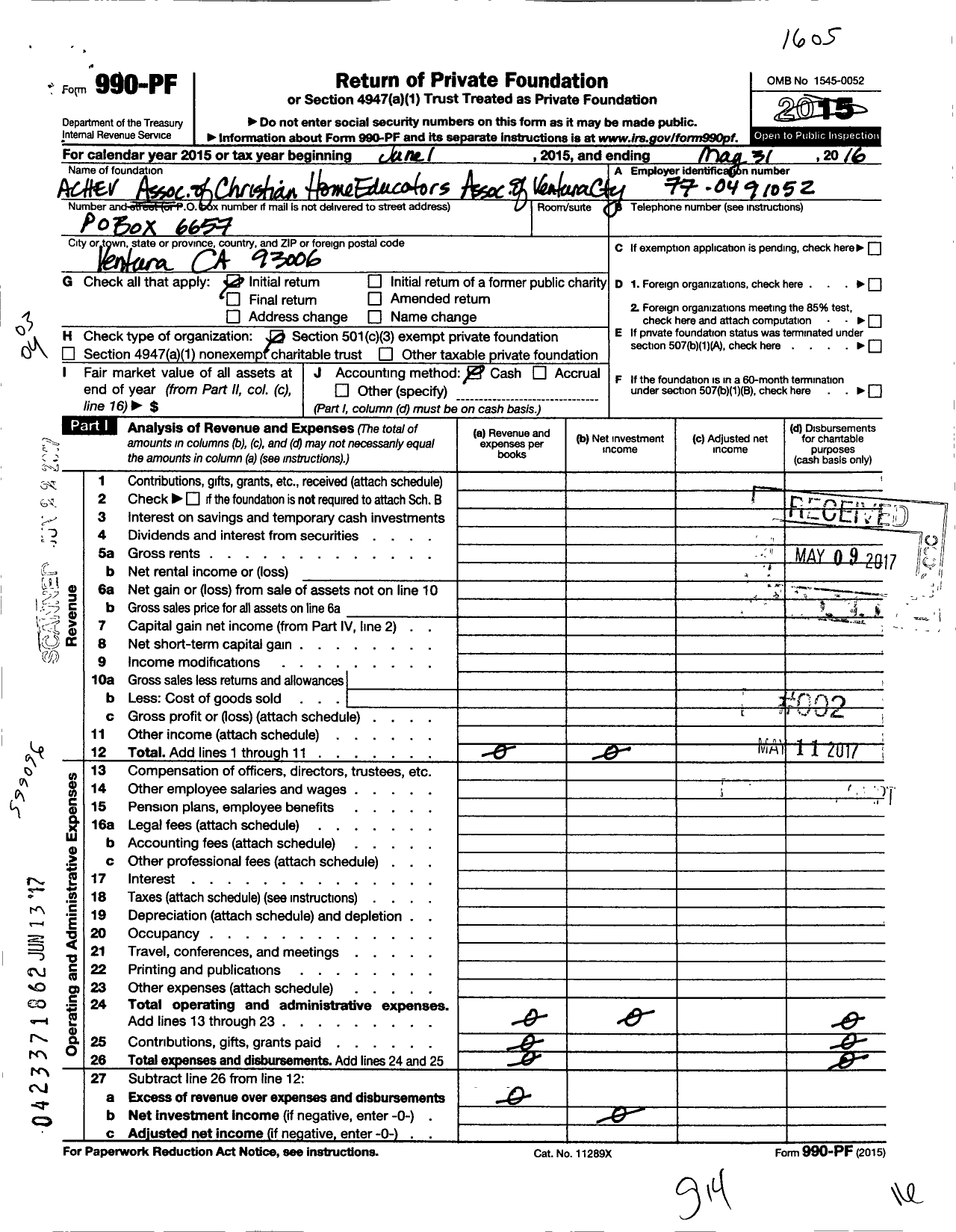 Image of first page of 2015 Form 990PF for Association of Christian Home Educators of Ventura County