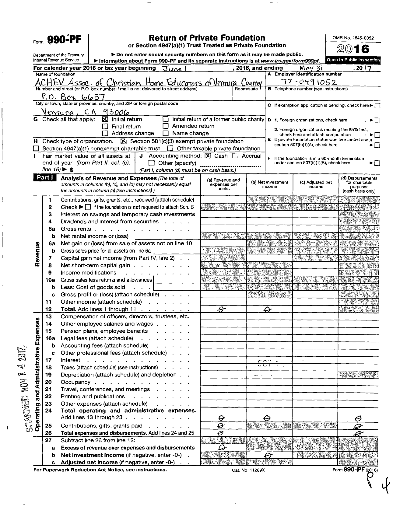 Image of first page of 2016 Form 990PF for Association of Christian Home Educators of Ventura County