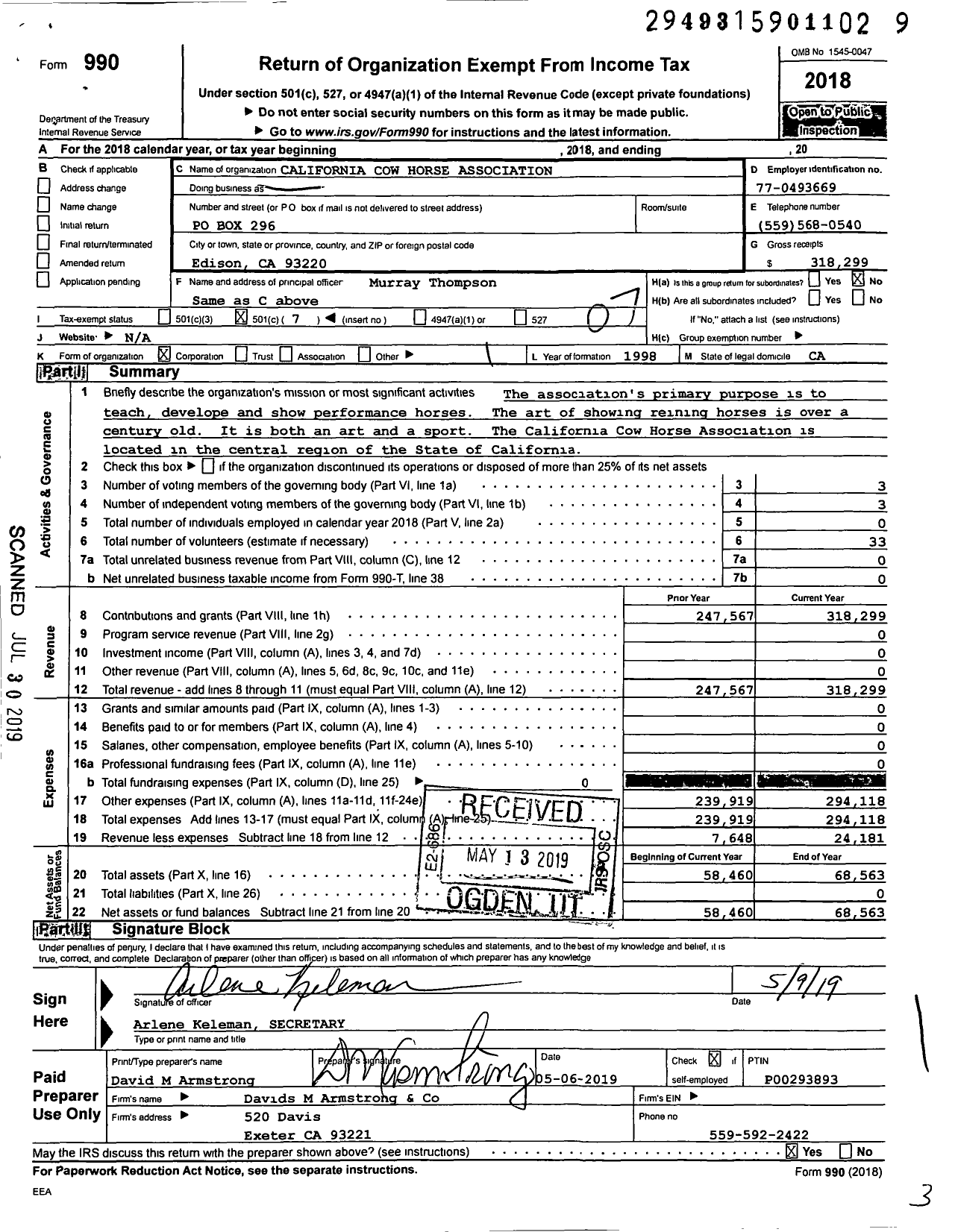 Image of first page of 2018 Form 990O for California Cow Horse Association