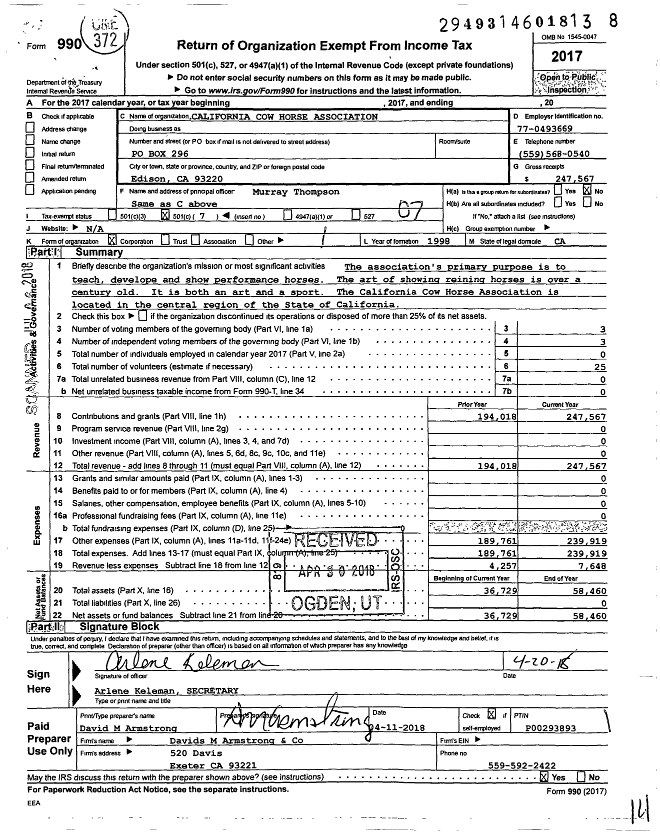 Image of first page of 2017 Form 990O for California Cow Horse Association