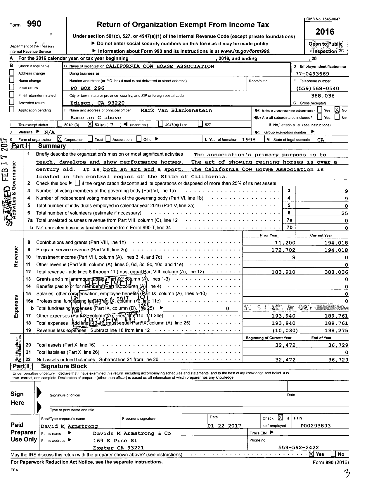 Image of first page of 2016 Form 990O for California Cow Horse Association