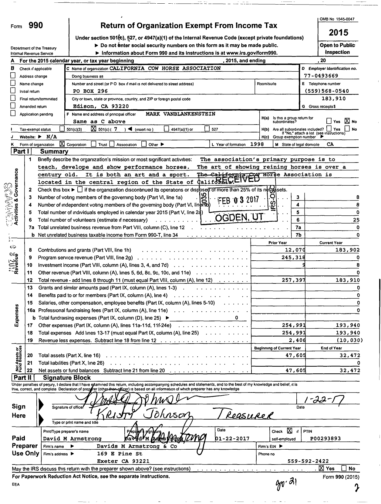 Image of first page of 2015 Form 990O for California Cow Horse Association