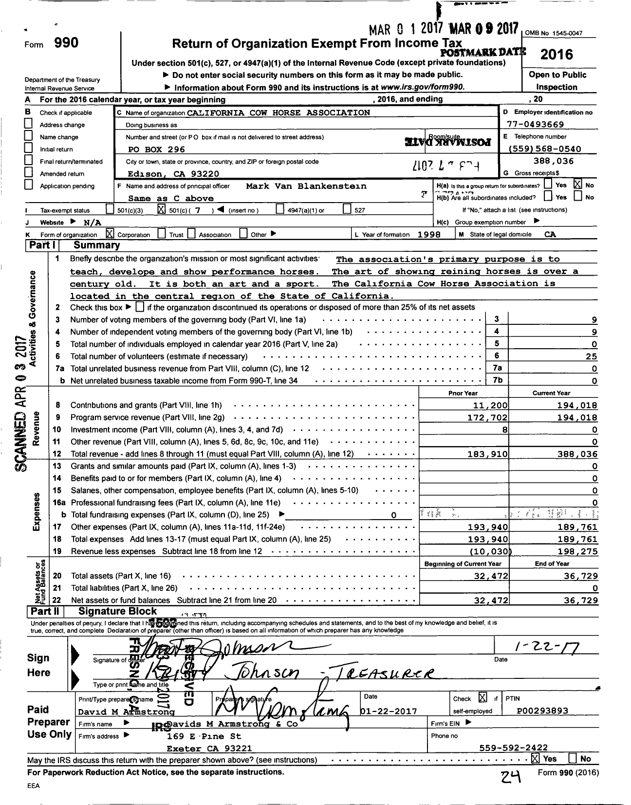 Image of first page of 2016 Form 990O for California Cow Horse Association