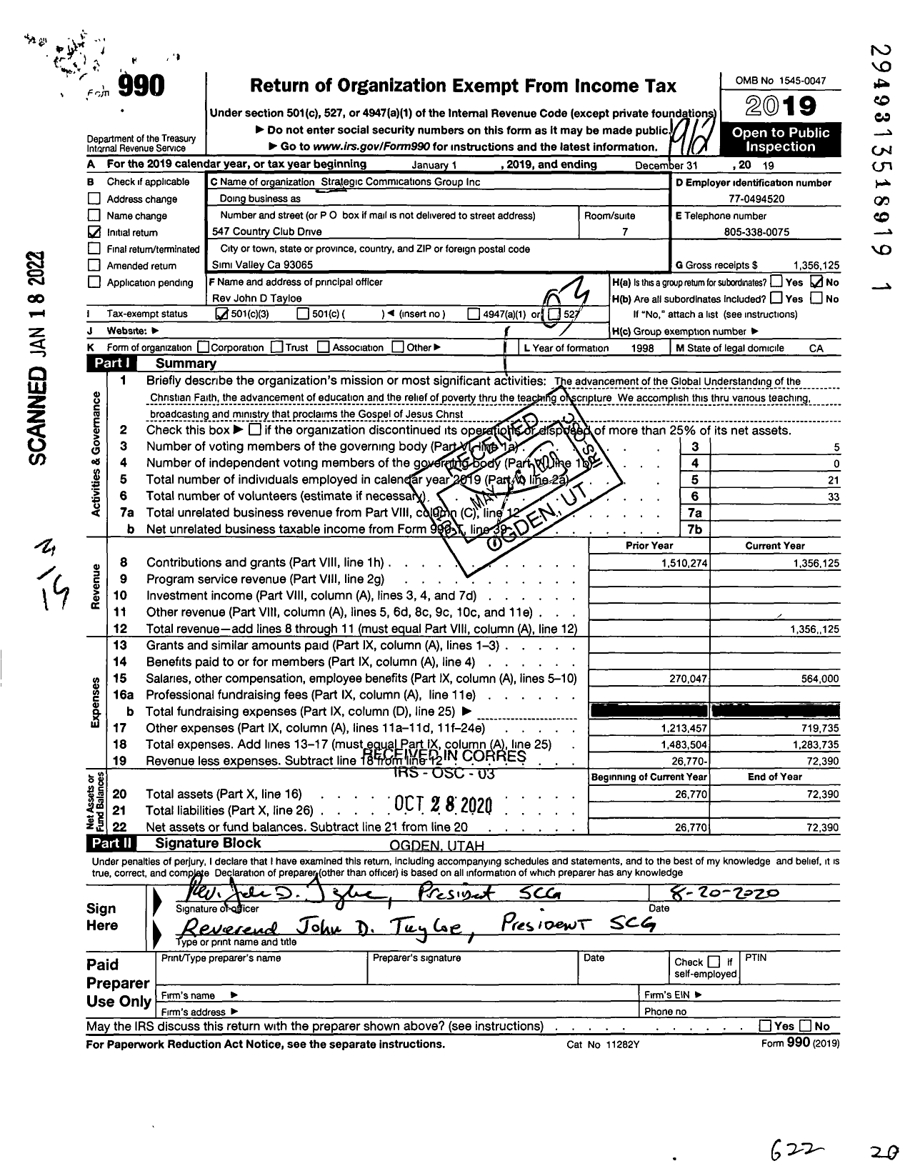 Image of first page of 2019 Form 990 for Strategic Communications Group