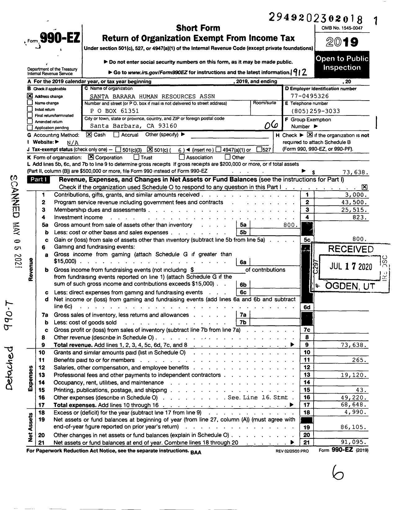 Image of first page of 2019 Form 990EO for Santa Barbara Human Resources Association