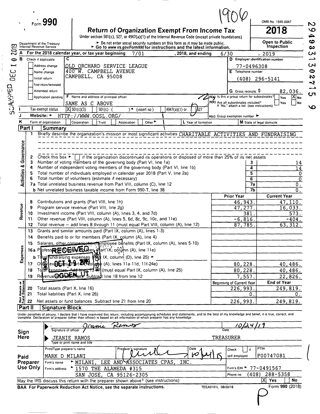 Image of first page of 2018 Form 990 for Old Orchard Service League