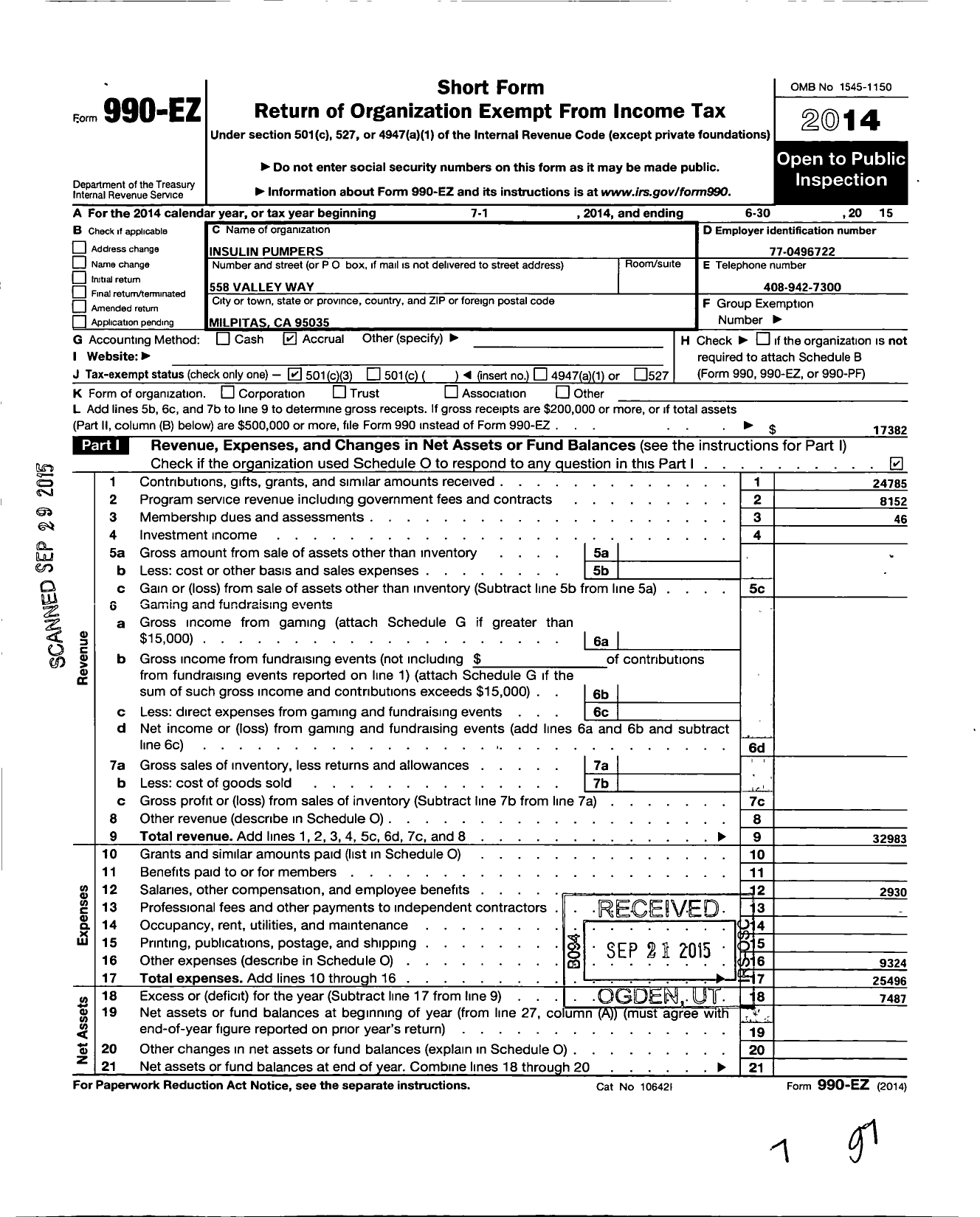 Image of first page of 2014 Form 990EZ for Insulin Pumpers