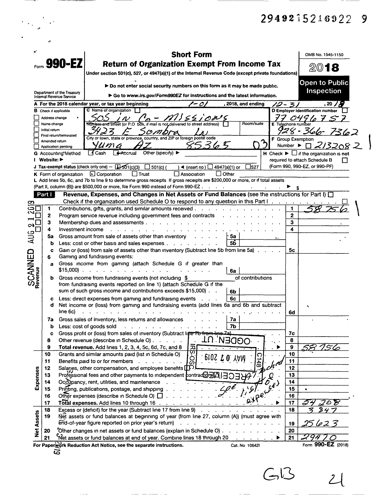 Image of first page of 2018 Form 990EZ for Sos O Sos in Co-Mission
