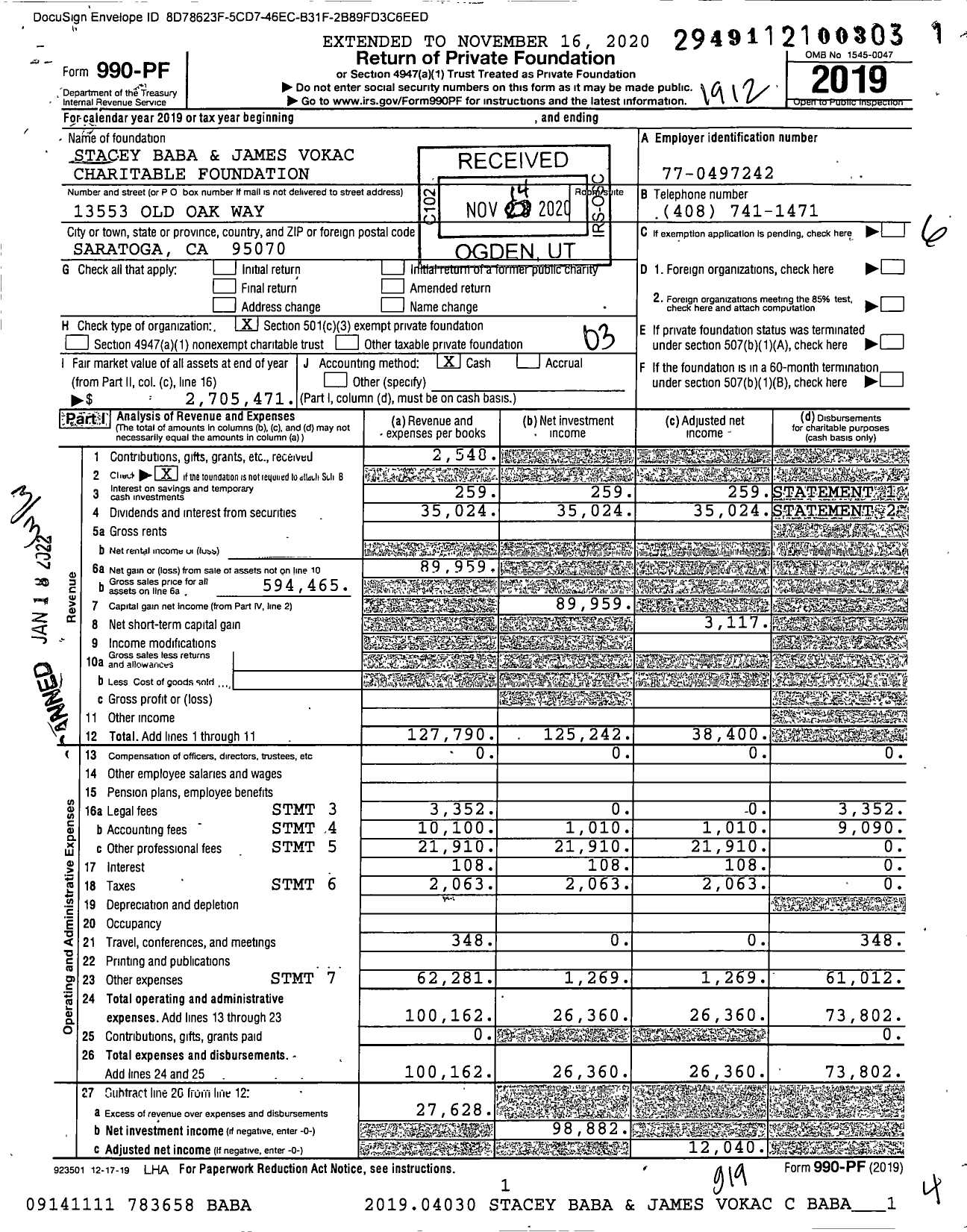 Image of first page of 2019 Form 990PF for Stacey Baba & James Vokac Charitable Foundation