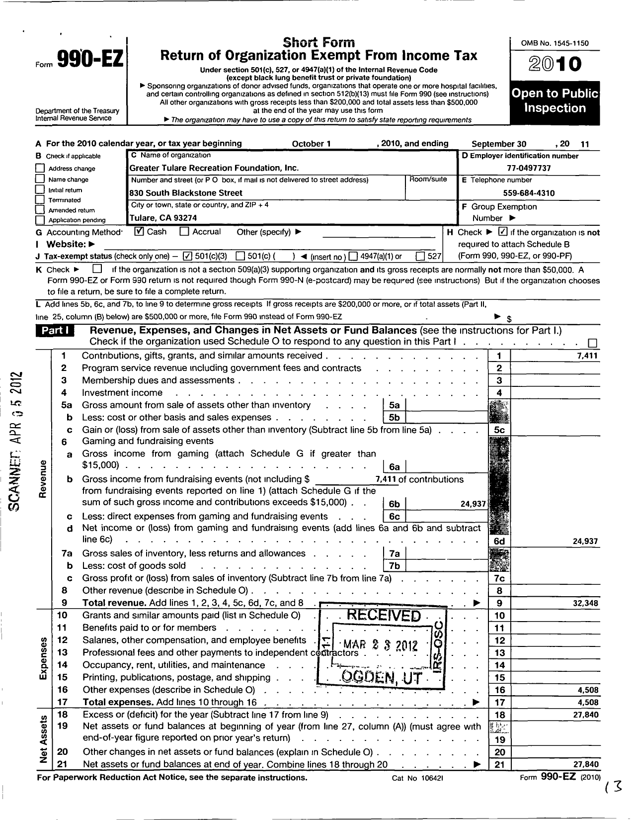 Image of first page of 2010 Form 990EZ for Greater Tulare Recreation Foundation