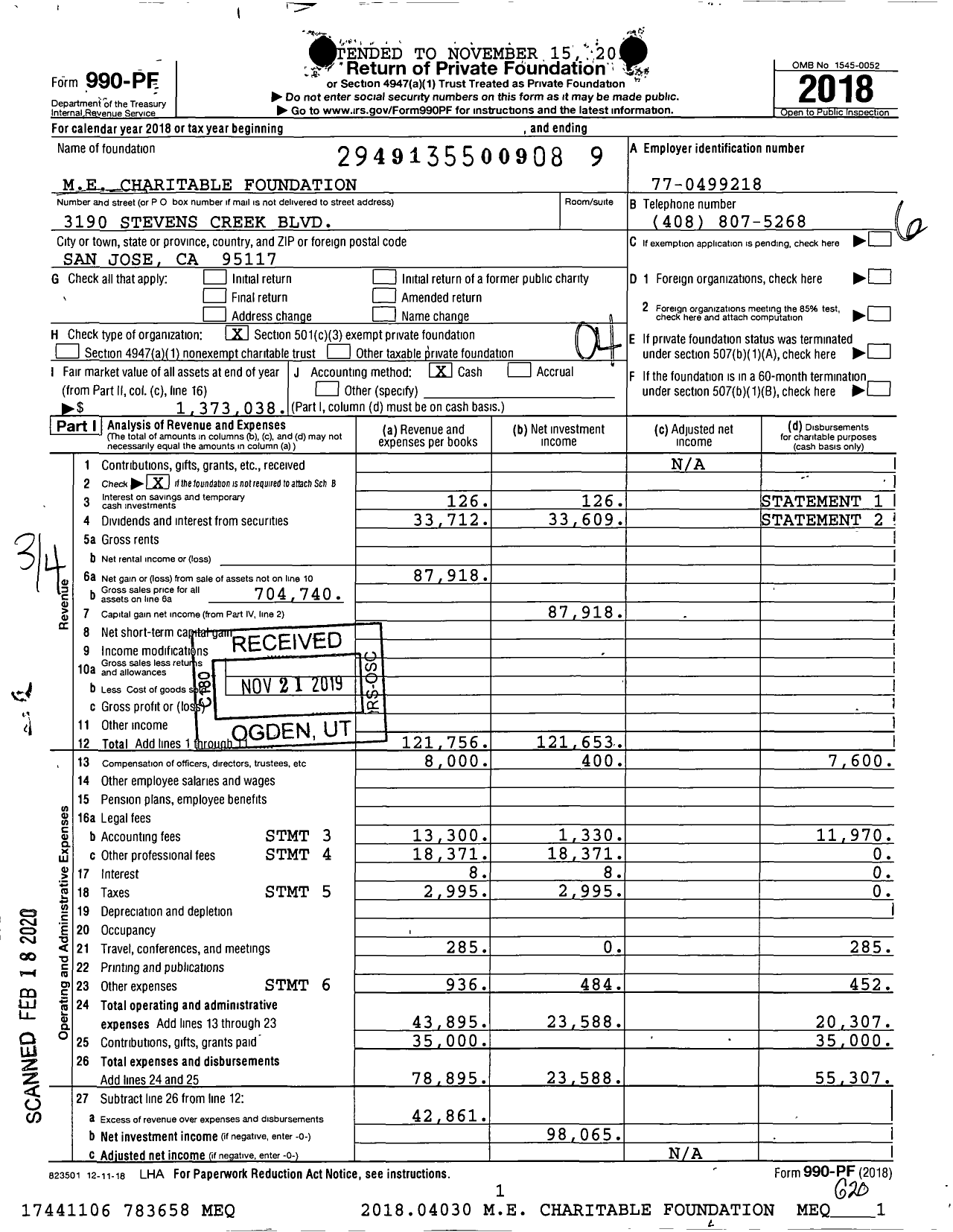 Image of first page of 2018 Form 990PF for ME Charitable Foundation