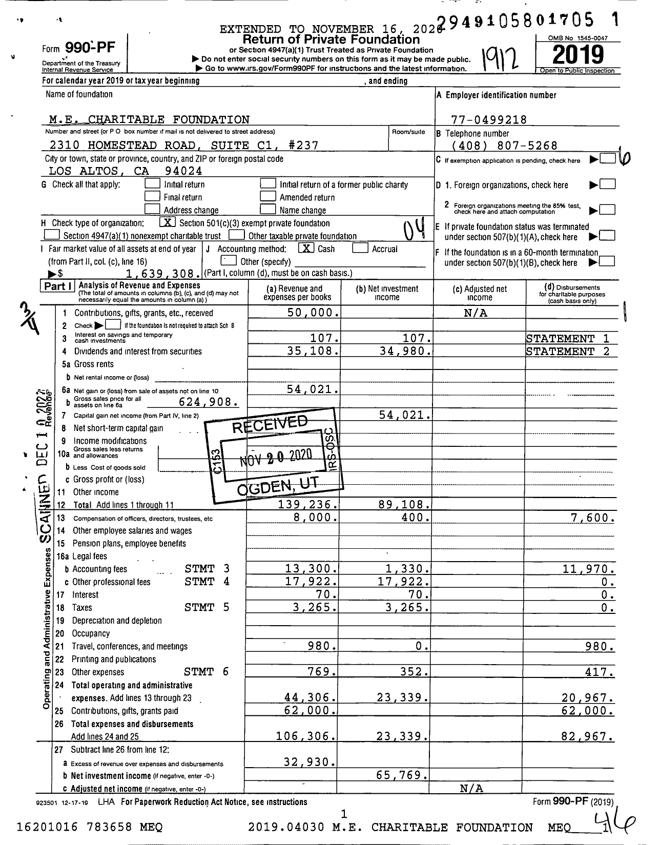 Image of first page of 2019 Form 990PF for ME Charitable Foundation