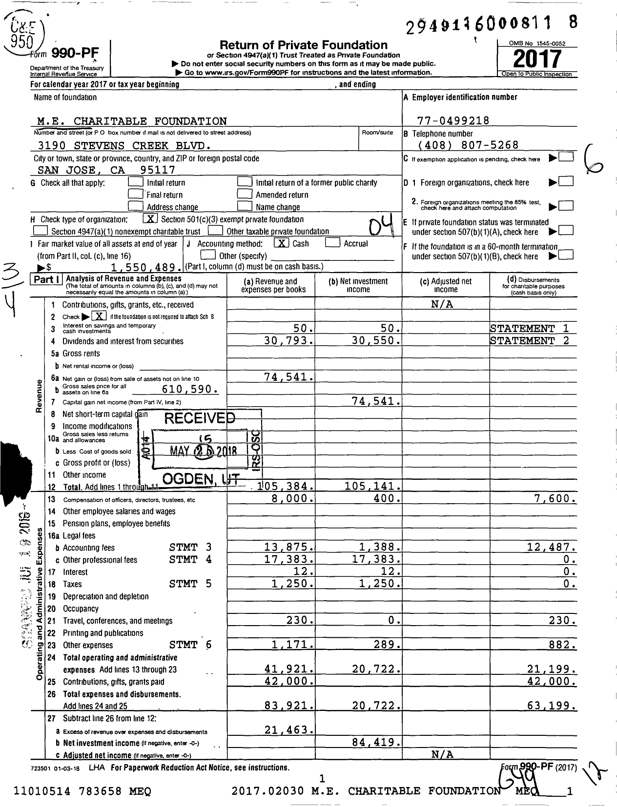 Image of first page of 2017 Form 990PF for ME Charitable Foundation