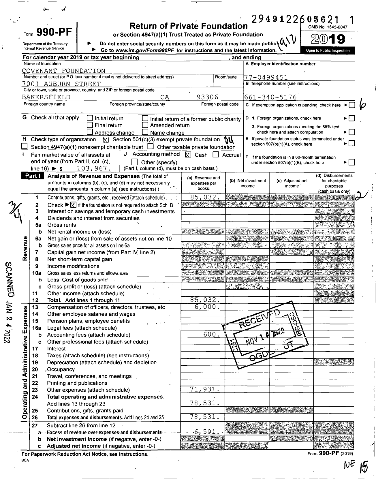 Image of first page of 2019 Form 990PF for Covenant Foundation