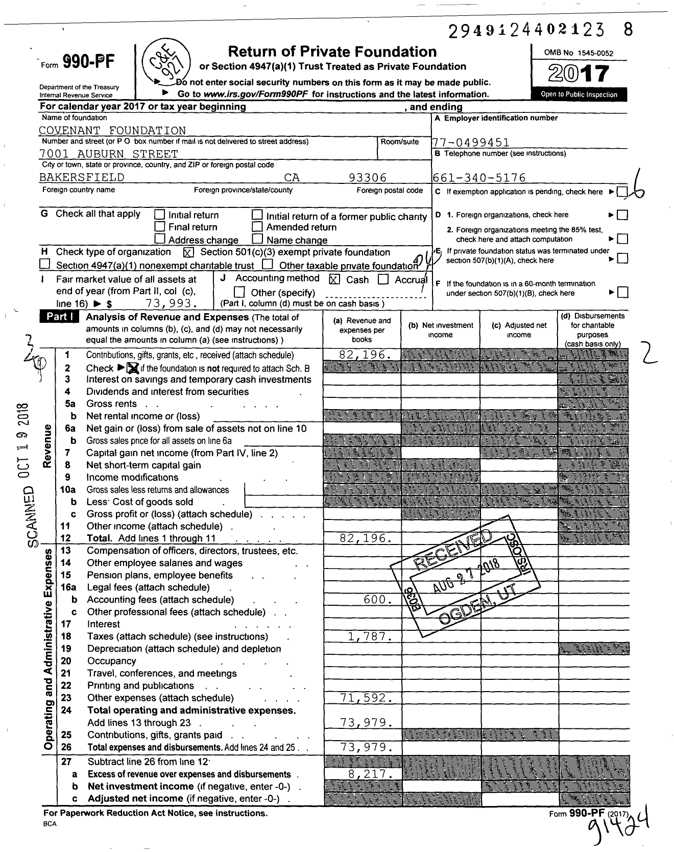 Image of first page of 2017 Form 990PF for Covenant Foundation
