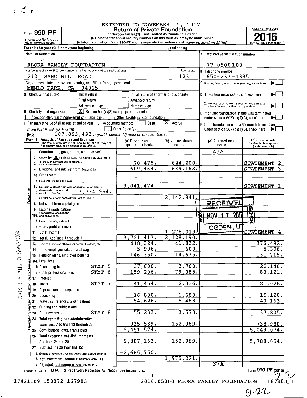 Image of first page of 2016 Form 990PF for Flora Family Foundation (FFF)