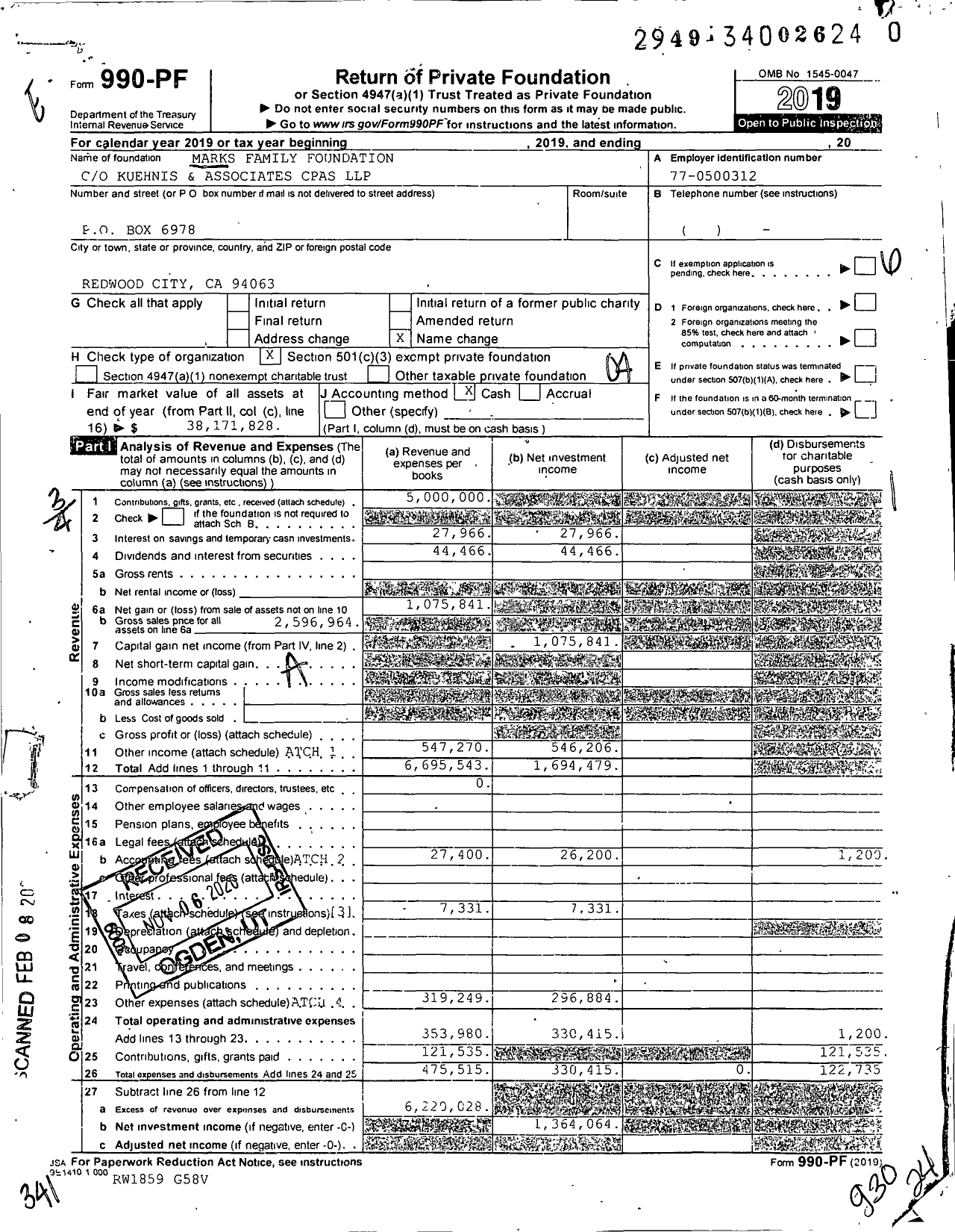 Image of first page of 2019 Form 990PF for Marks Family Foundation