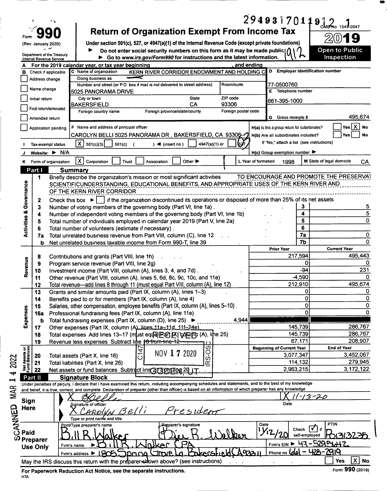 Image of first page of 2019 Form 990 for Kern River Corridor Endowment and Holding