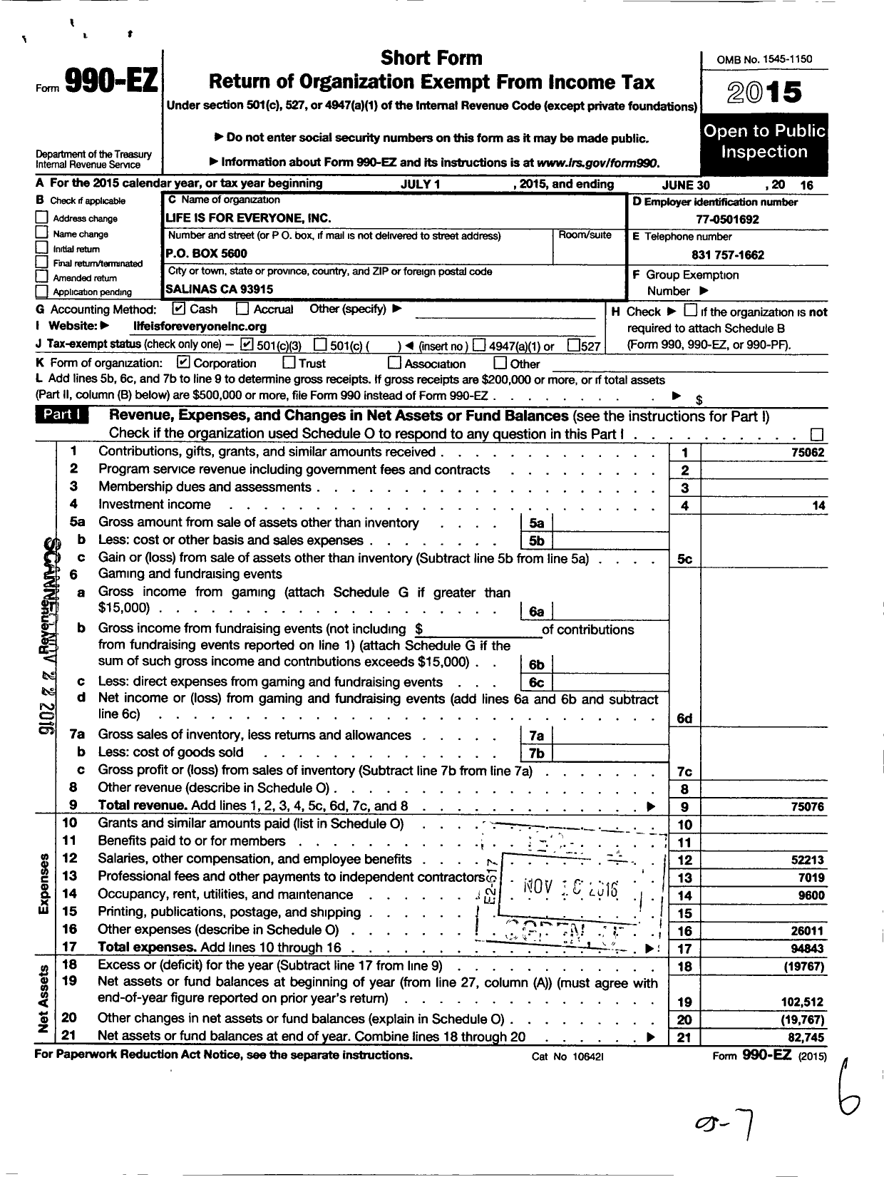 Image of first page of 2015 Form 990EZ for Life Is For Everyone