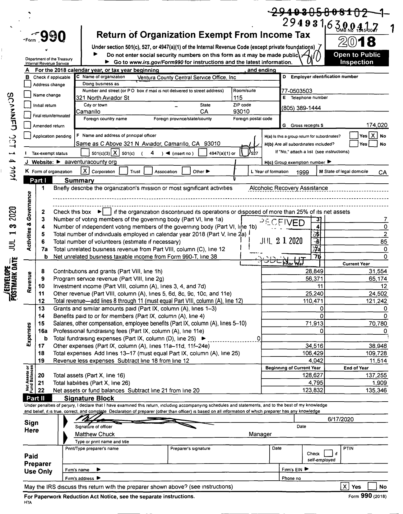 Image of first page of 2018 Form 990O for Ventura County Central Service Office