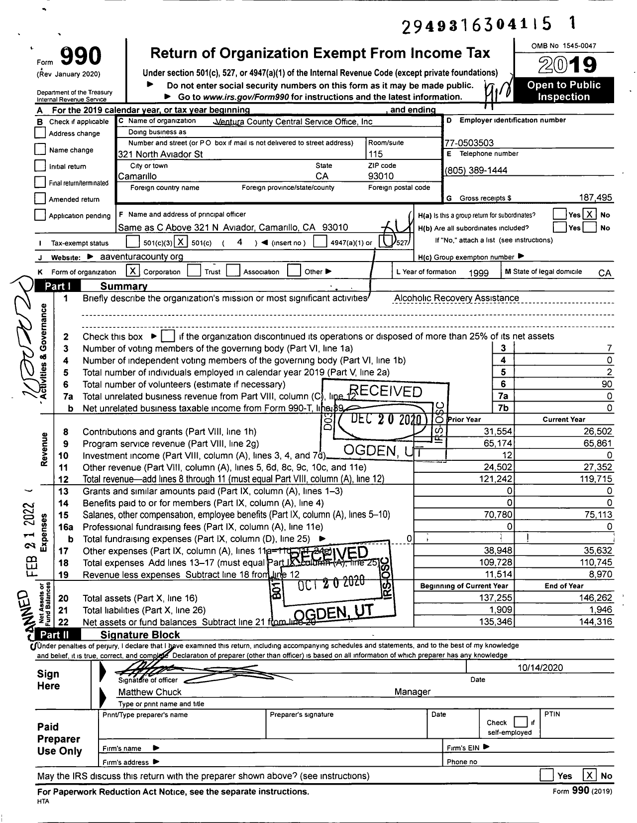 Image of first page of 2019 Form 990O for Ventura County Central Service Office