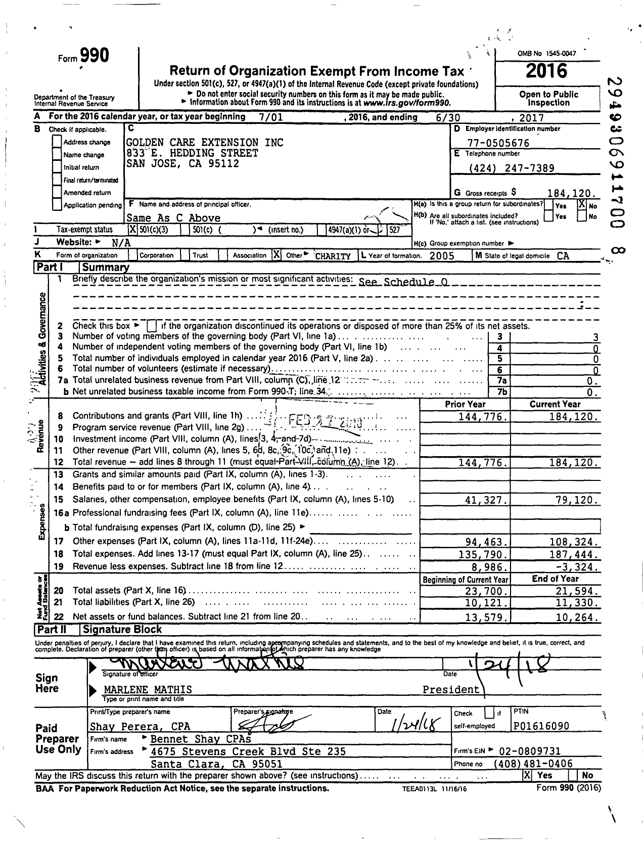 Image of first page of 2016 Form 990 for Golden Care Extension