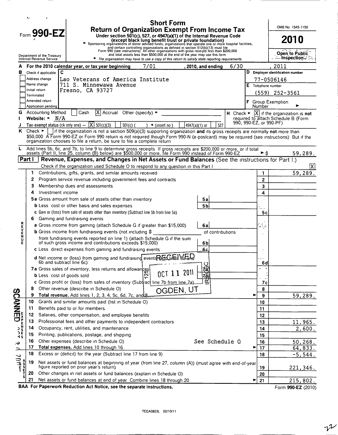 Image of first page of 2010 Form 990EZ for Lao Veterans of America Institute