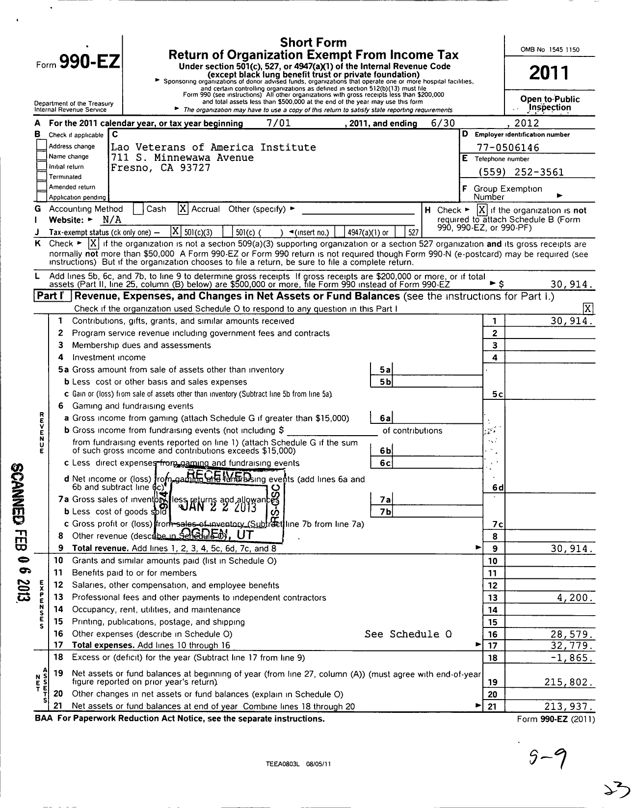 Image of first page of 2011 Form 990EZ for Lao Veterans of America Institute