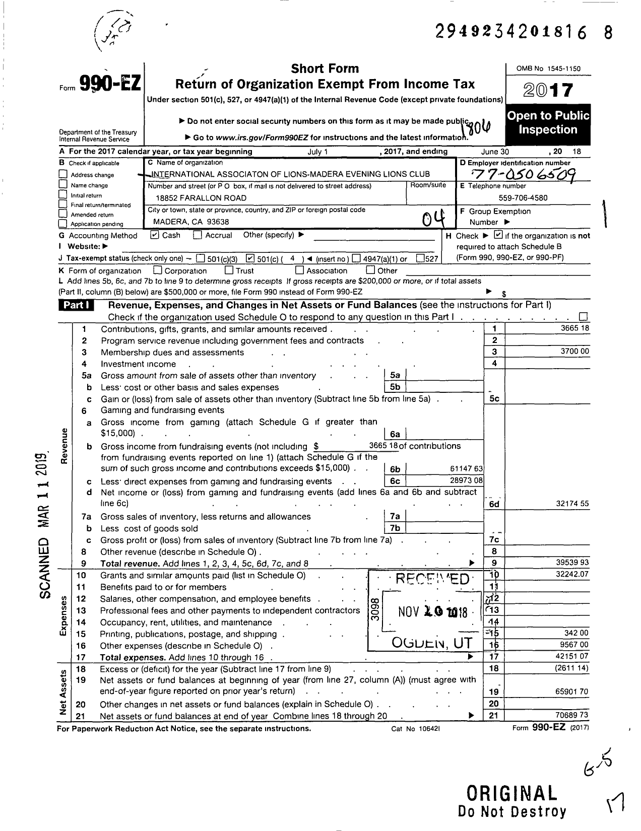 Image of first page of 2017 Form 990EO for Lions Clubs - Madera Evening Lions Club