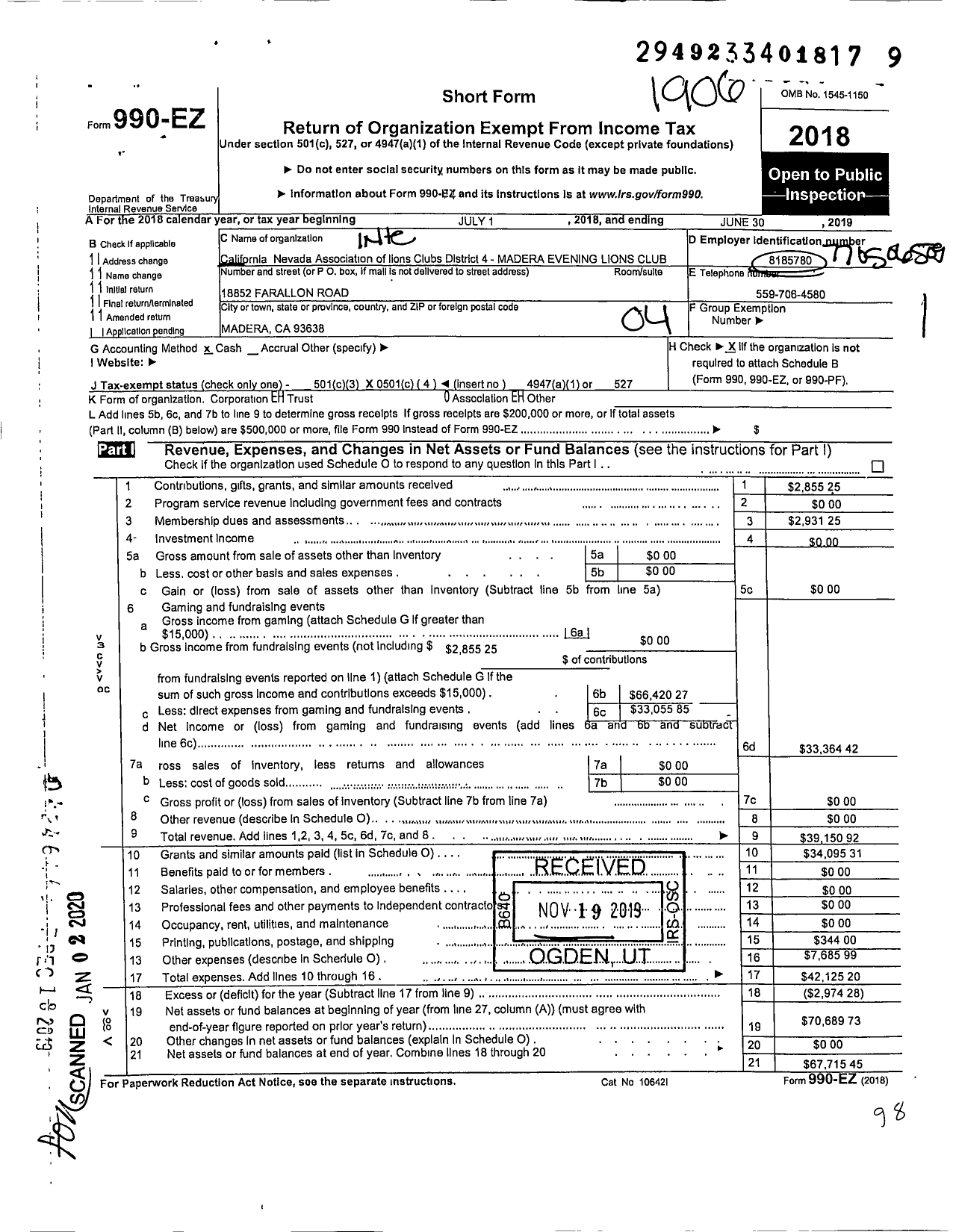 Image of first page of 2018 Form 990EO for Lions Clubs - Madera Evening Lions Club