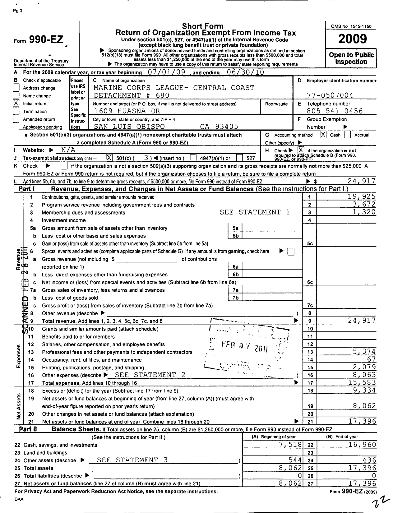 Image of first page of 2009 Form 990EZ for Marine Corps League - 680 Central Coast Detachment