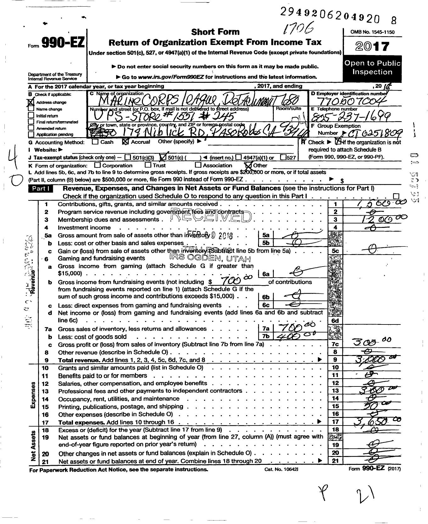 Image of first page of 2017 Form 990EO for Marine Corps League - 680 Central Coast Detachment