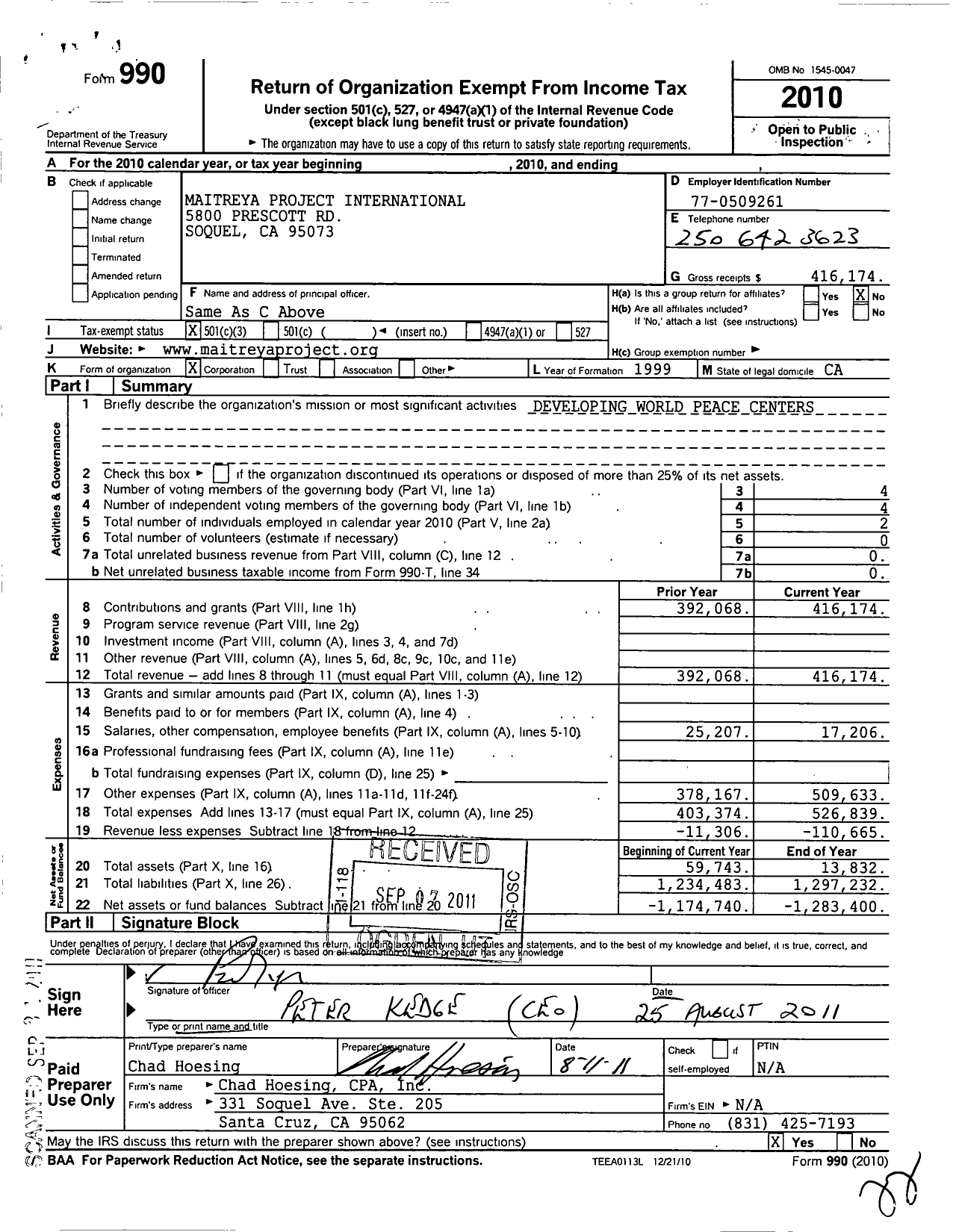 Image of first page of 2010 Form 990 for Maitreya Project International