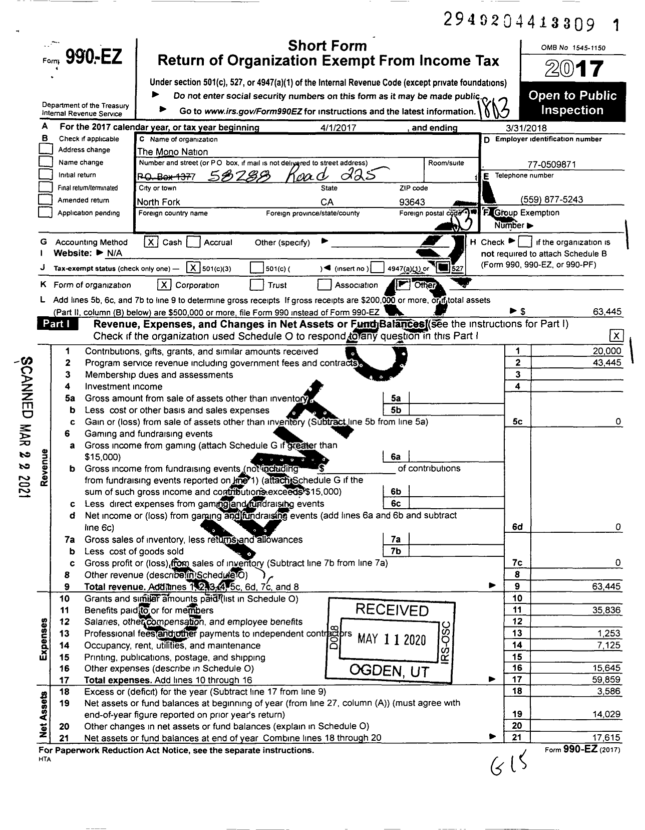 Image of first page of 2017 Form 990EZ for Mono Nation