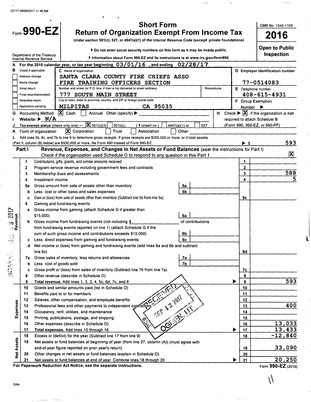 Image of first page of 2016 Form 990EZ for Santa Clara County Firefighters Training Officers Section