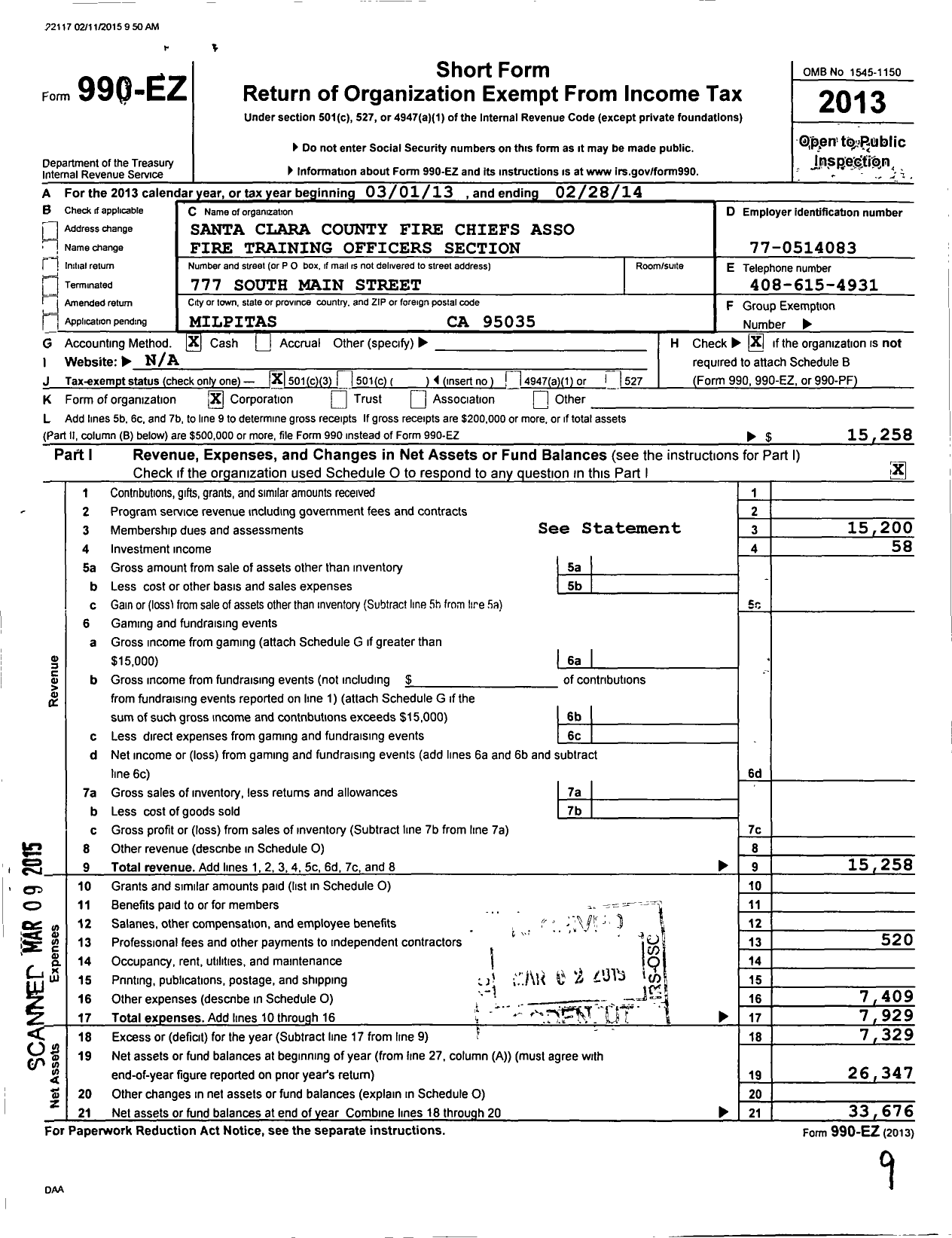 Image of first page of 2013 Form 990EZ for Santa Clara County Firefighters Training Officers Section