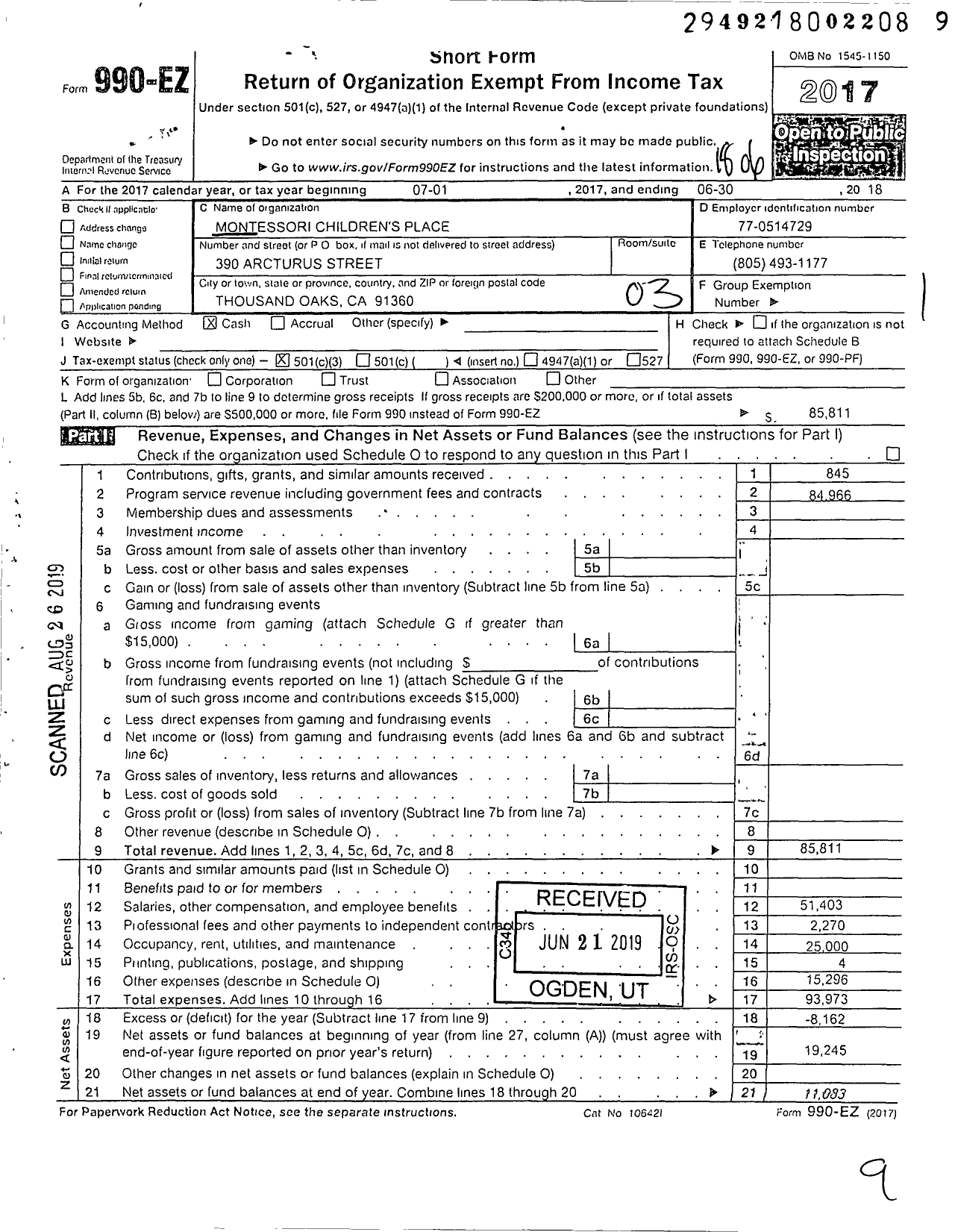 Image of first page of 2017 Form 990EZ for Montessori Childrens Place