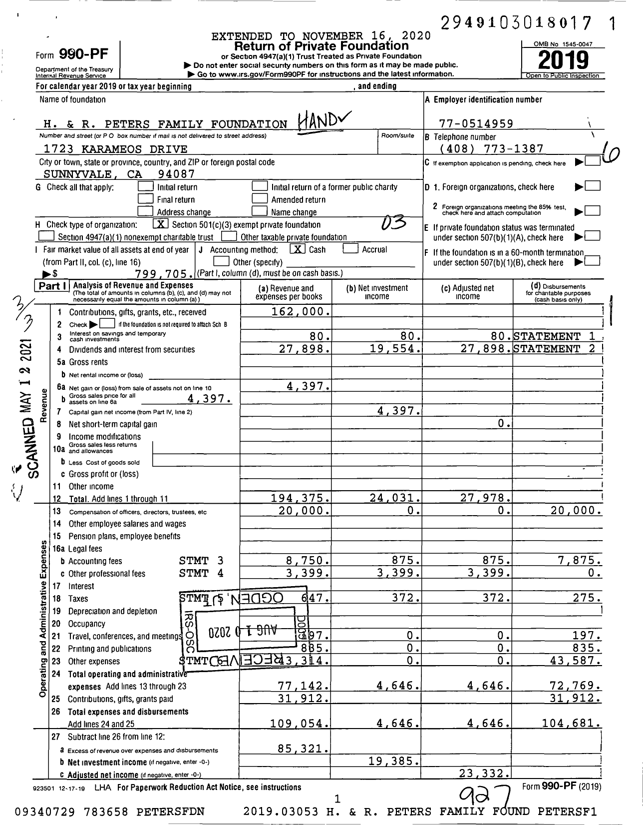 Image of first page of 2019 Form 990PF for H and R Peters Family Foundation