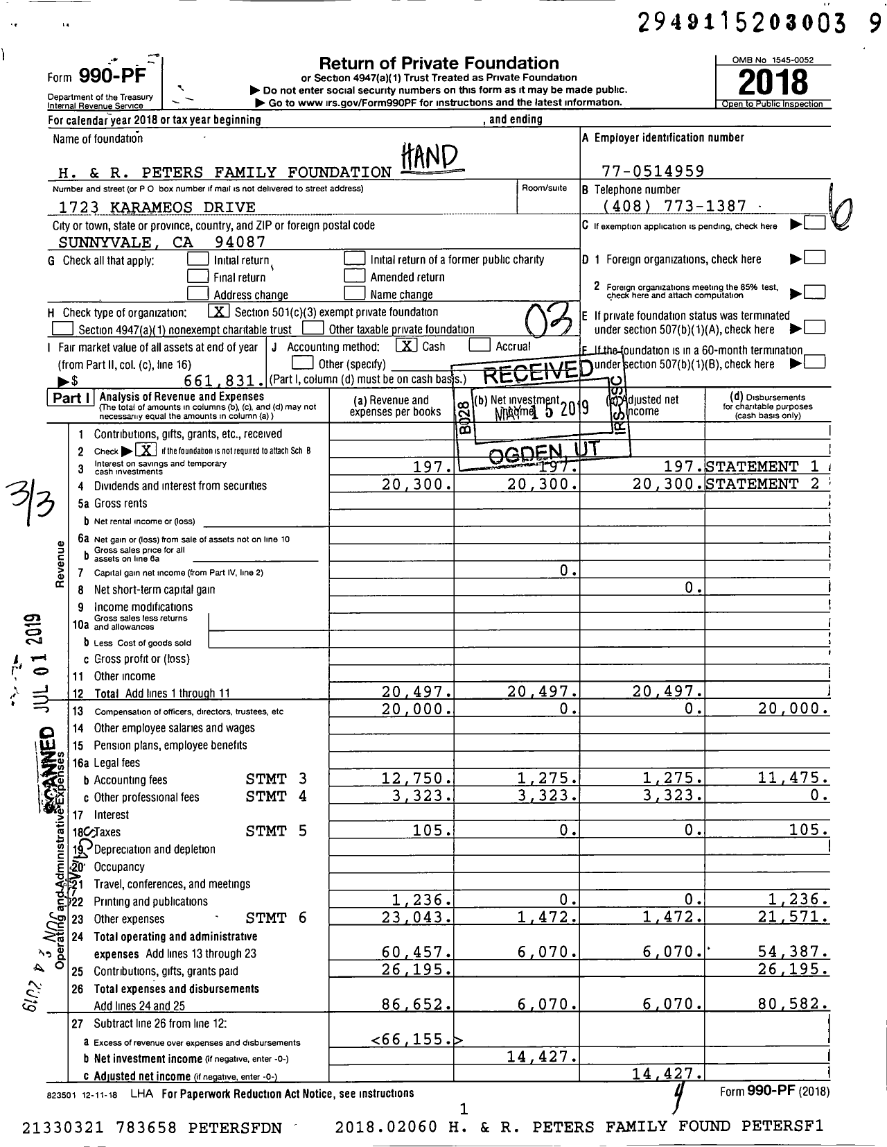 Image of first page of 2018 Form 990PF for H and R Peters Family Foundation