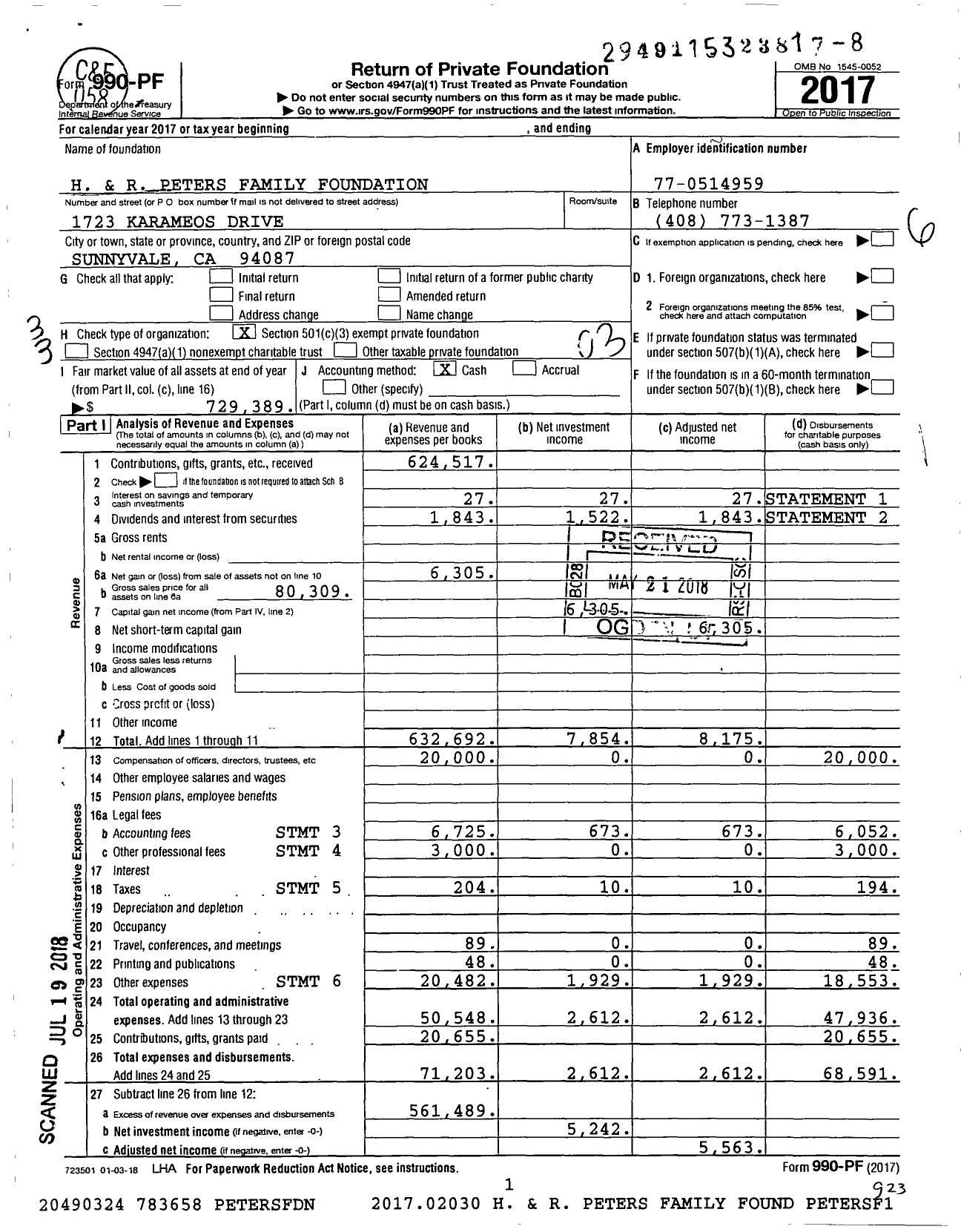 Image of first page of 2017 Form 990PF for H and R Peters Family Foundation