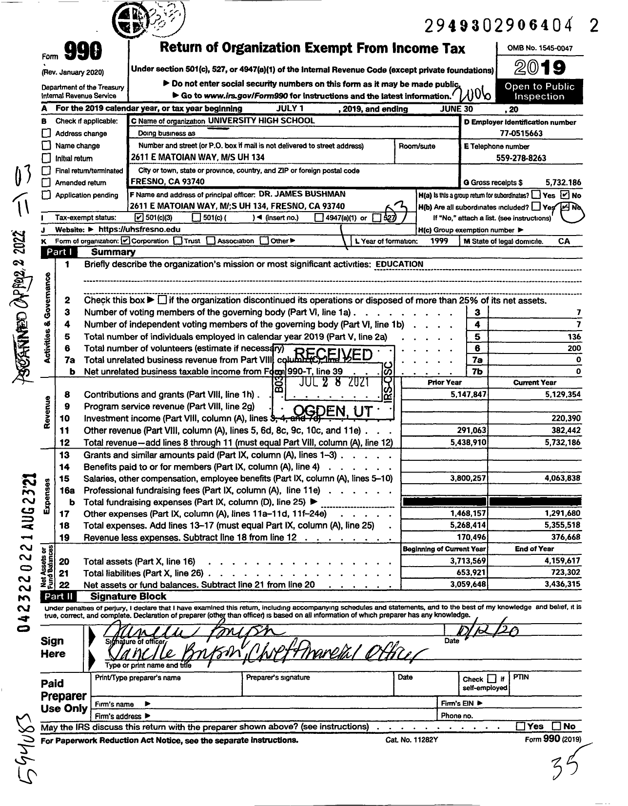 Image of first page of 2019 Form 990 for University High School