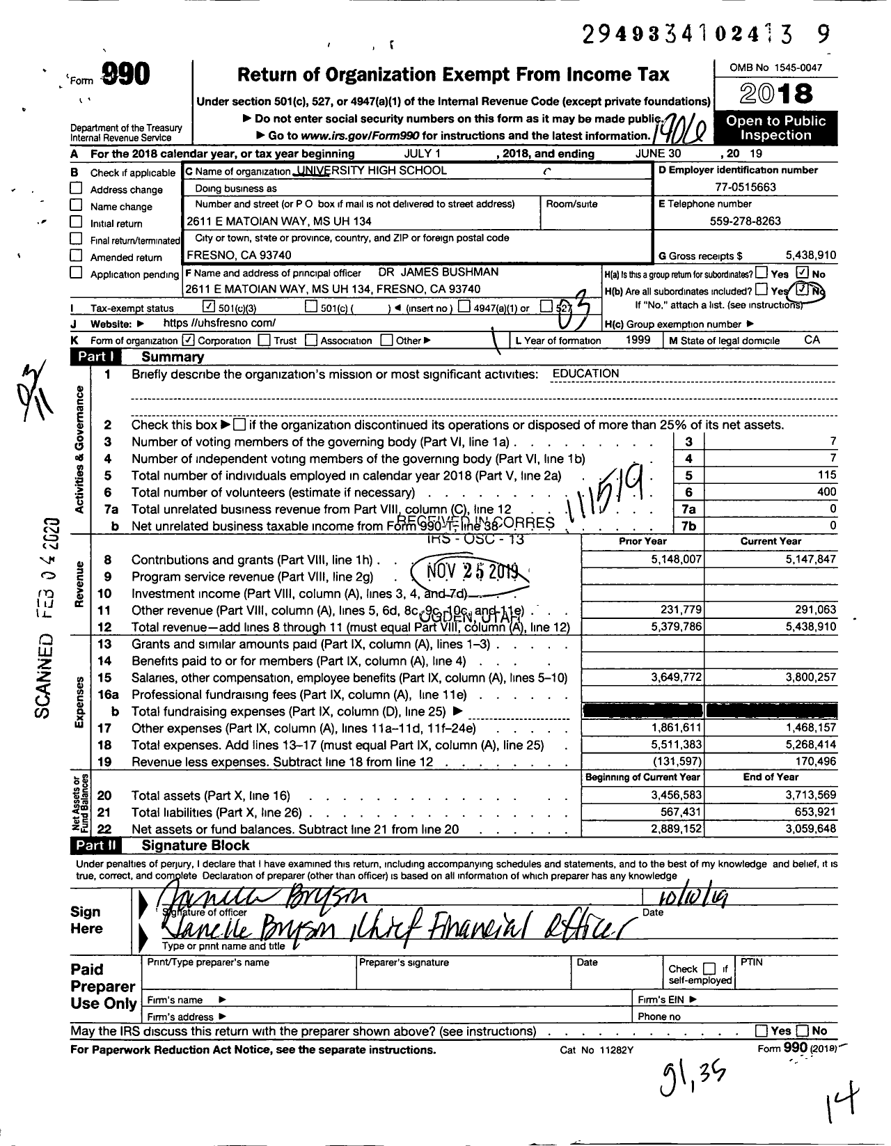 Image of first page of 2018 Form 990 for University High School