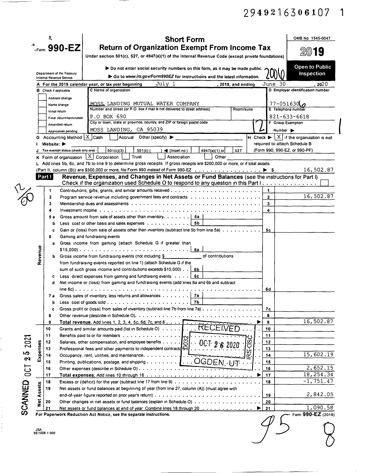 Image of first page of 2019 Form 990EO for Moss Landing Mutual Water Company