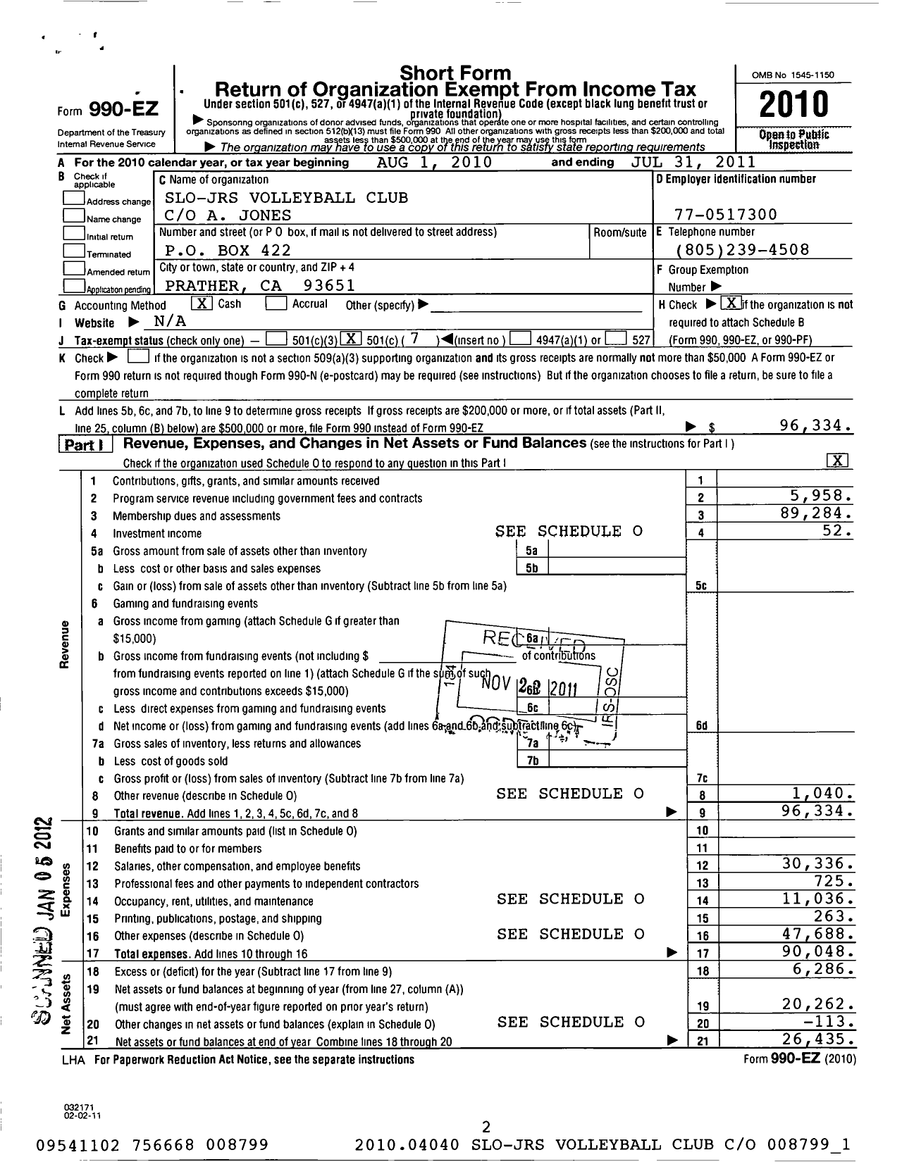 Image of first page of 2010 Form 990EO for Slo JRS Volleyball Club