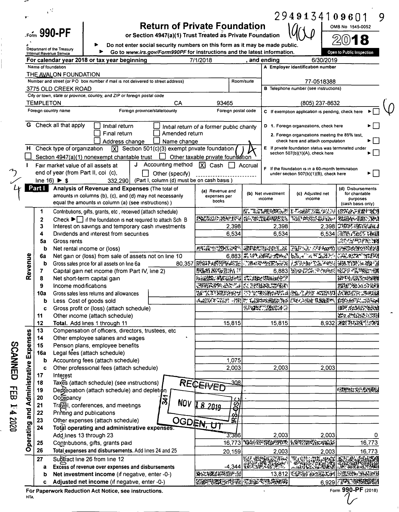 Image of first page of 2018 Form 990PF for The Avalon Foundation