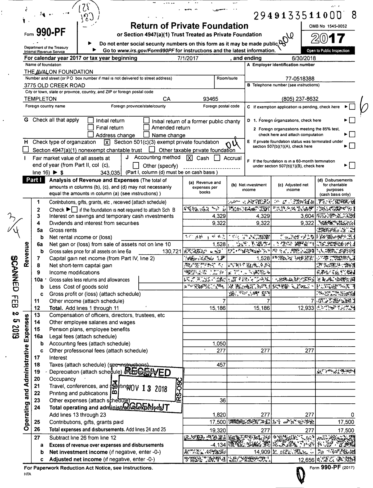 Image of first page of 2017 Form 990PF for The Avalon Foundation