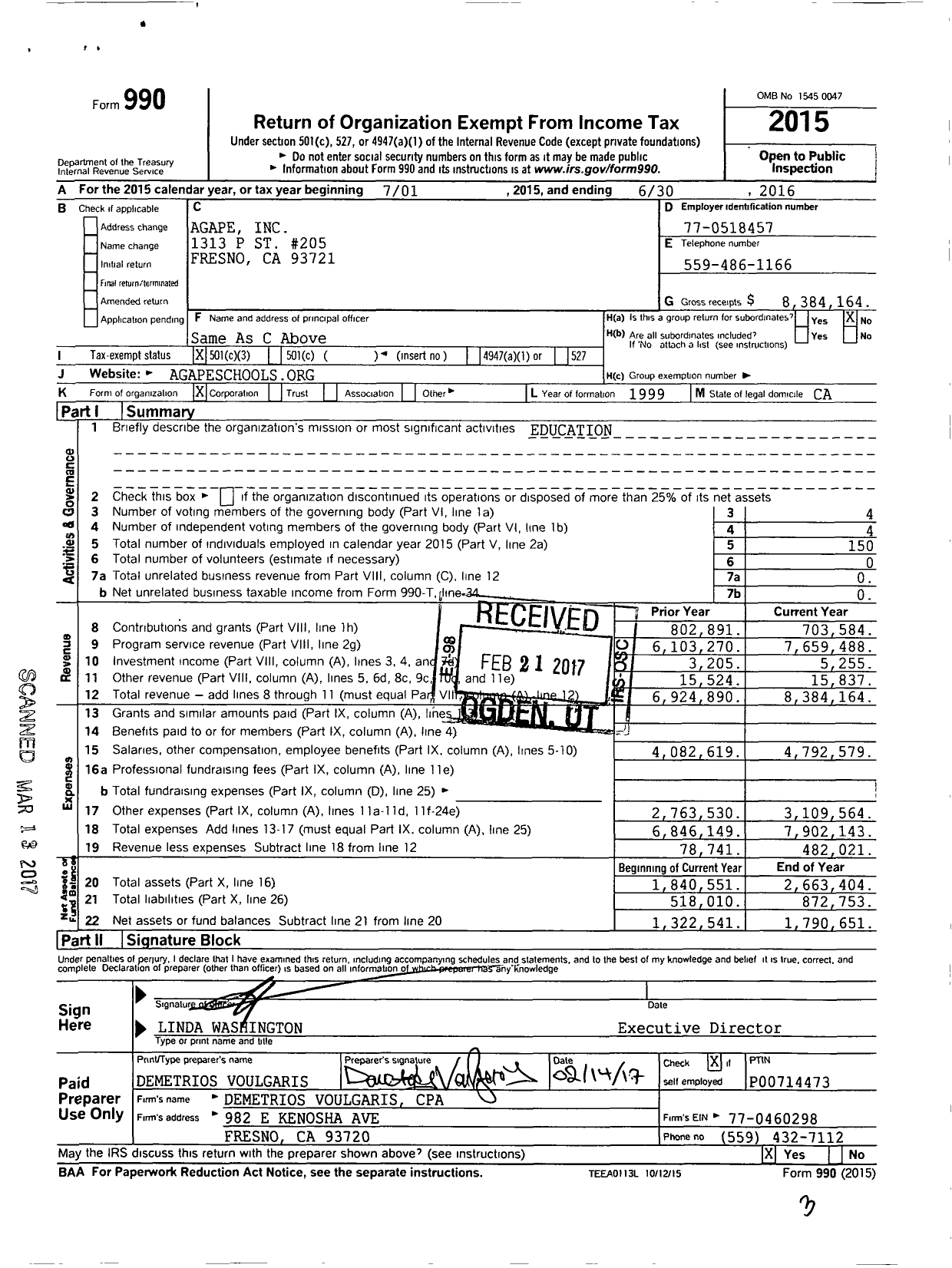 Image of first page of 2015 Form 990 for Agape Schools