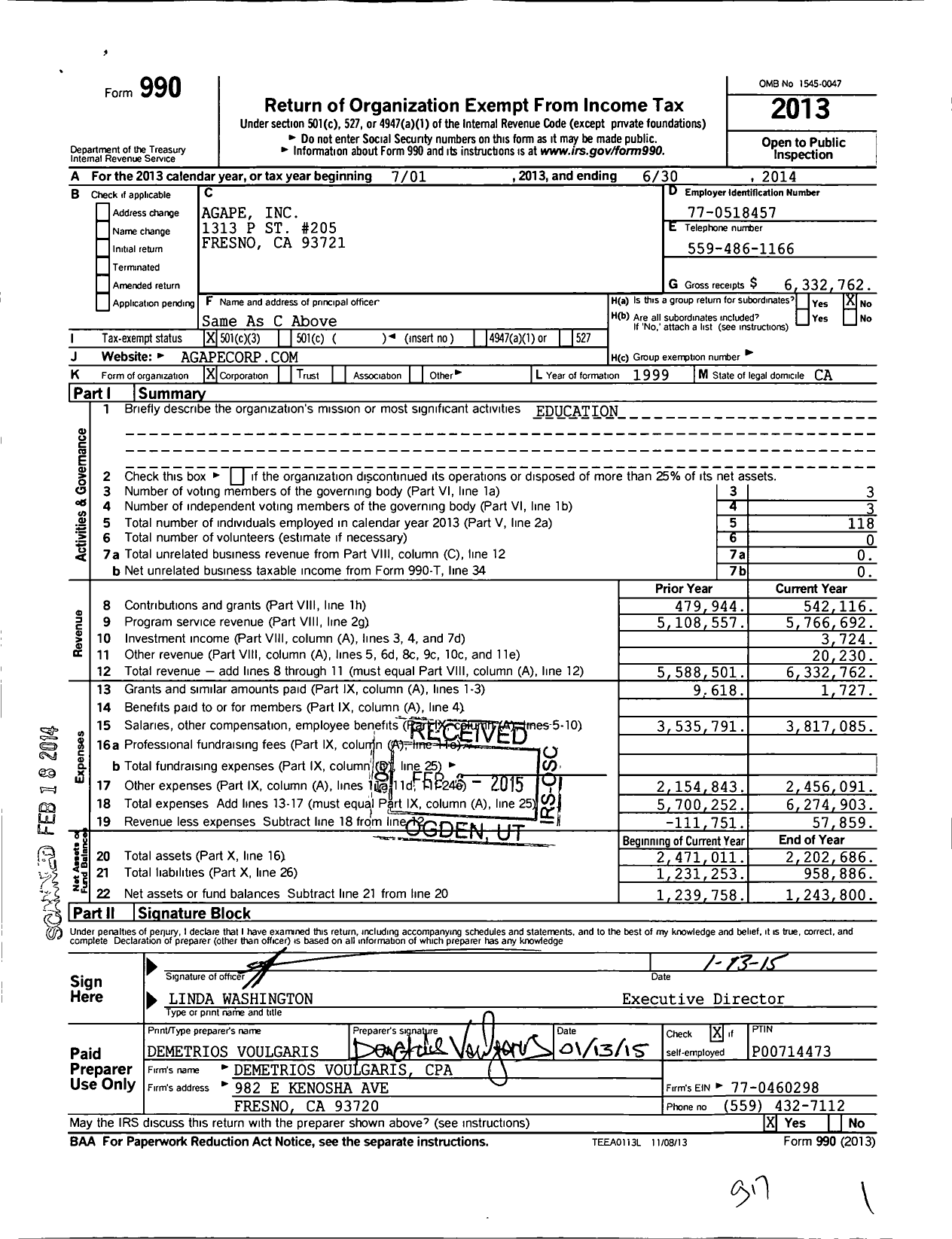 Image of first page of 2013 Form 990 for Agape Schools